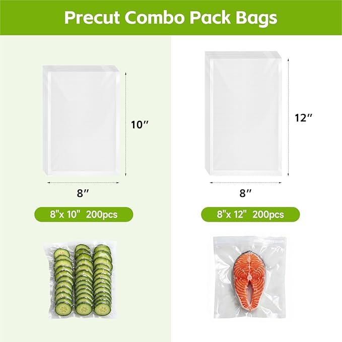 Vacuum Sealer Bags for Food, 200 Count, Quart Size 8" x 12", Pre Cut Vacuum Seal Bags, BPA Free Embossed Food Vacuum Sealer Bags for Freezer Storage, Meal Prep & Sous Vide, Heavy Duty Commercial Grade