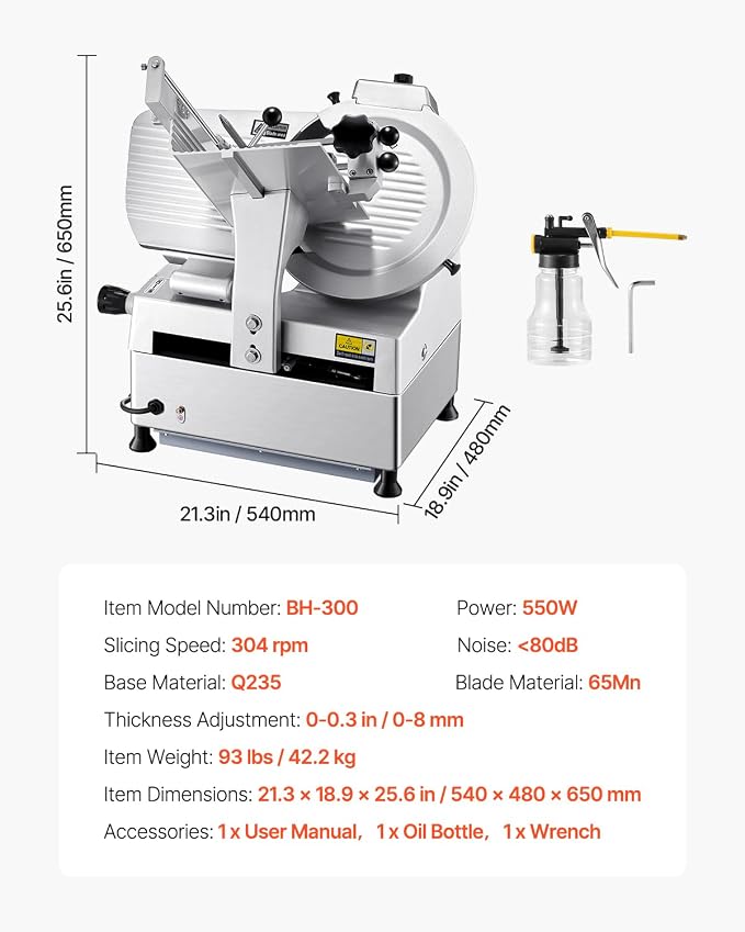 VEVOR Automatic Meat Slicer, 180W + 370W Deli Slicer with a 12 inch Premium 65Mn Blade, 0-0.3 inch Adjustable Thickness, Electric Food Slicer Machine for Meat, Vegetables, Hard Bread, and Cheese