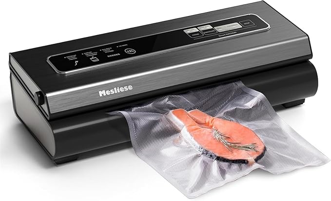 Vacuum Sealer Machine, Mesliese 90Kpa Powerful 6-in-1 Precision Compact Vacuum Food Preservation System with Cutter, 2 Bag Rolls & 5 Pre-cut Bags, Dry&Moist Modes Smart Suction, ETL Listed (Dark Gray)