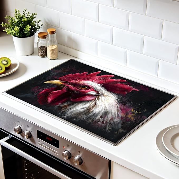 Stove Top Cover for Electric Stove 28.4 x 20.5 Inch Non Slip Stove Mat Oil Proof Rooster Portrait Glass Cooktop Protector Kitchen Counter Mat