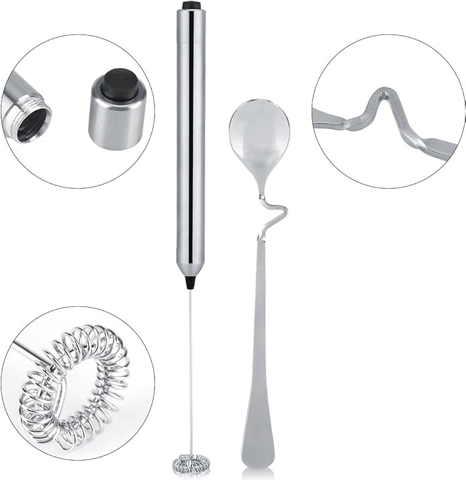 Kitchen Stainless Steel Handheld Milk Frother, Milk Fr Handheld Battery Operated Electric Foam Maker Coffee Milk Frother, Handheld Milk Fr With Spoon