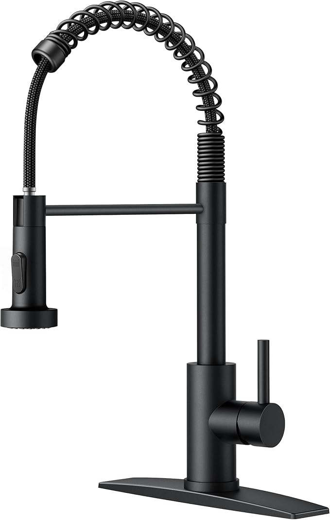 FORIOUS Black Kitchen Faucet with Pull Down Sprayer, Stainless Steel Commercial Single Handle Classic Spring Pull Out Kitchen Sink Faucet for Pot Filler, Farmhouse Camper Bar Laundry Room