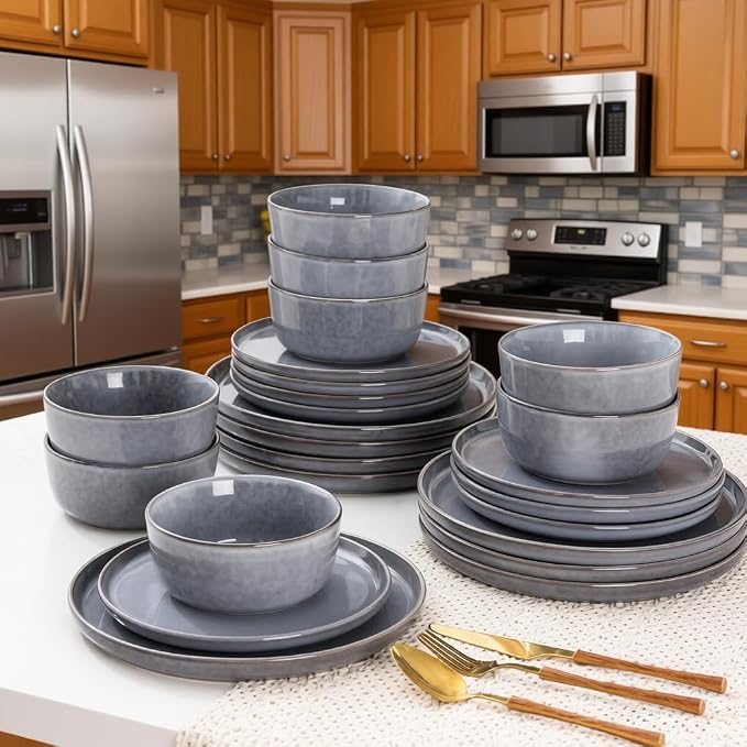 AmorArc Stoneware Dinnerware Sets,Round Reactive Ceramic Plates and Bowls Sets,Highly Scrath Resistant | Dishwasher & Microwave Safe Dishes,Service for 6 (18pc)