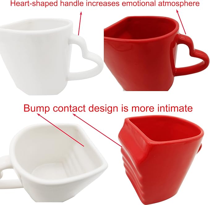 Large Kissing Mugs Set 16oz Kiss Couples Two Coffee Cups and Saucer Love Gifts for Anniversary,Wedding,Valentines,Birthday, Engagement,Lovers Household Tableware (white red)