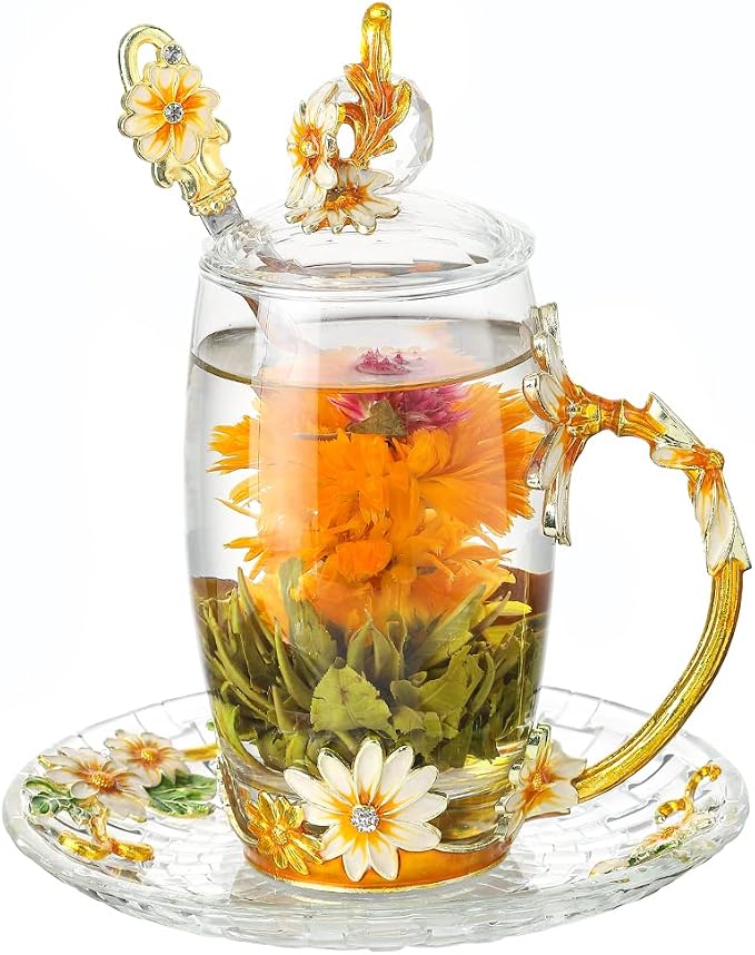 Floral Yellow 12oz Hand Painted Glass Teacup with Lid, Spoon & Saucer - Gift for Mom, Teacher, Lovers - Christmas, Valentine's Day, Mother's Day