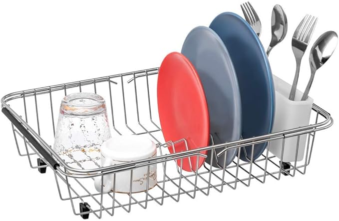 SANNO Dish Drying Rack, Expandable Dish Drainer Over Sink Kitchen Sink Grate Stainless Steel Sink Protector for Kitchen Sink