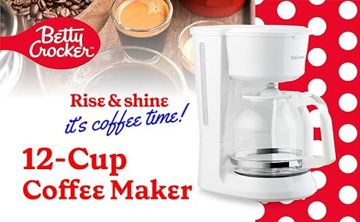 Betty Crocker 12-Cup Drip Coffee Maker with Heat Resistant Glass Carafe, Removable Permanent Nylon Filter, Pause & Pour, Water Level Gauge, Non-Stick Warming Plate, BC-5729W, White