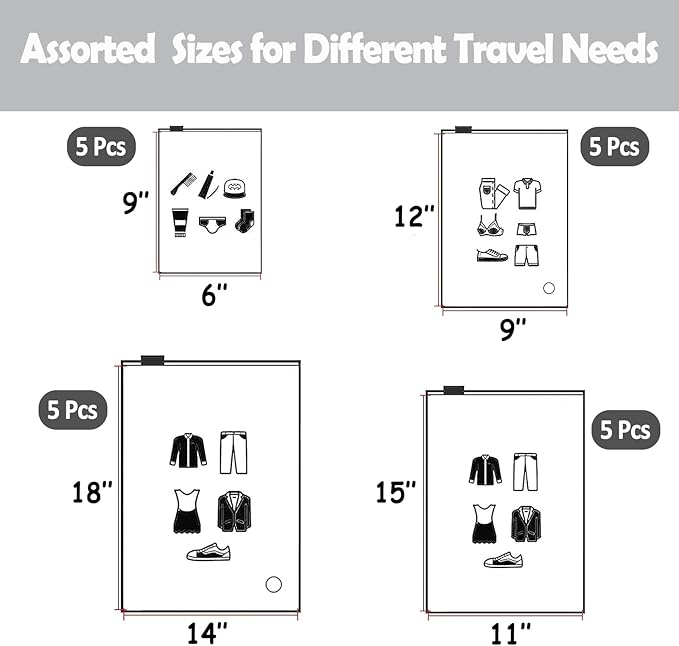 (20 pcs, 4 Sizes) Travel Luggage Organizer Bags, 4 Mil Slider Zip Plastic Clothing Packaging Bags, Travel/Home Storage and organizing pouches, Space Saver Bag (6''x9''-14‘’x18'')