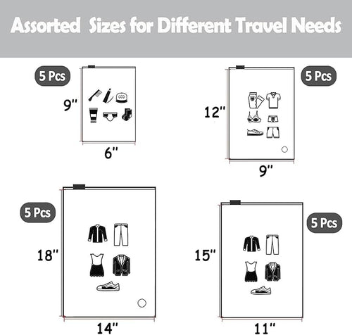(20 pcs, 4 Sizes) Travel Luggage Organizer Bags, 4 Mil Slider Zip Plastic Clothing Packaging Bags, Travel/Home Storage and organizing pouches, Space Saver Bag (6''x9''-14‘’x18'')