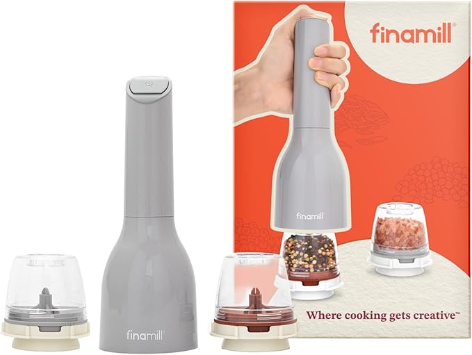 FinaMill Classic Battery Spice Mill – Battery Operated Salt and Pepper Grinder Set, Includes 2 Interchangeable Spice Pods, Adjustable Coarseness, Ceramic Grinder, LED Light, Home and Kitchen Gift Set