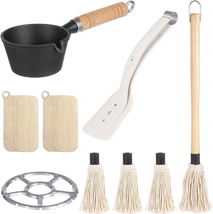 BBQ Mop Brush and Cast Iron Sauce Pot Set, Basting Melting Pot, Wooden Handle Sauce Mops with 3 Pcs Replacements, Barbecue Tongs and Pot Cleaning Brushes for Meat Smoker, Grill, Stove
