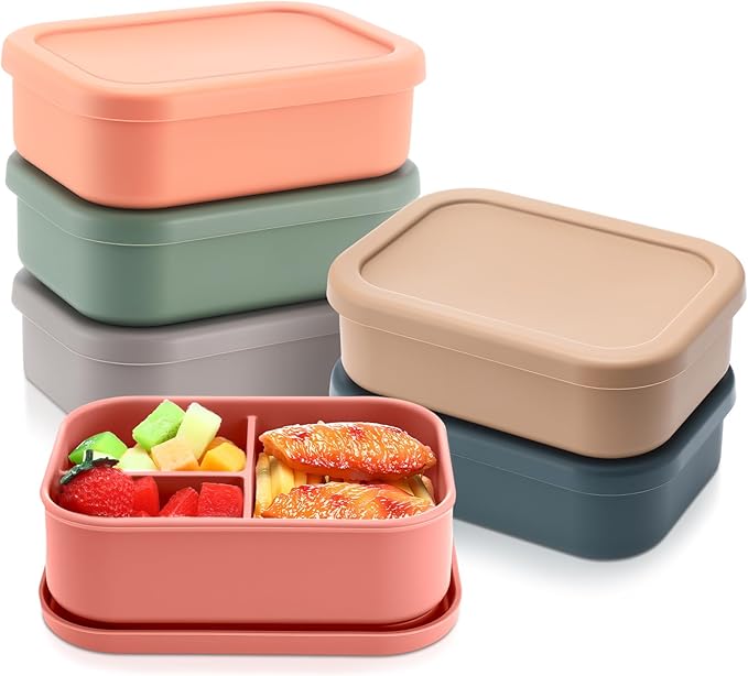 Honeydak 6 Pcs Silicone Bento Box for Adults, 3 Compartment Lunchable Food Container for Women Men, Leak Proof Microwave Dishwasher Freezer Safe (Classic Colors)