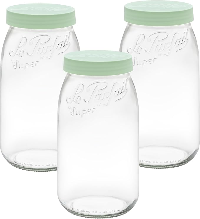 Le Parfait Eco-Friendly Zero Waste Wide Mouth Glass Jar with Airtight Screw Top Lid - Reusable French Storage Jar for Food, Soup, Flour, Sugar, Canning & Baking (3L/96oz, 3 Pack, Mint)
