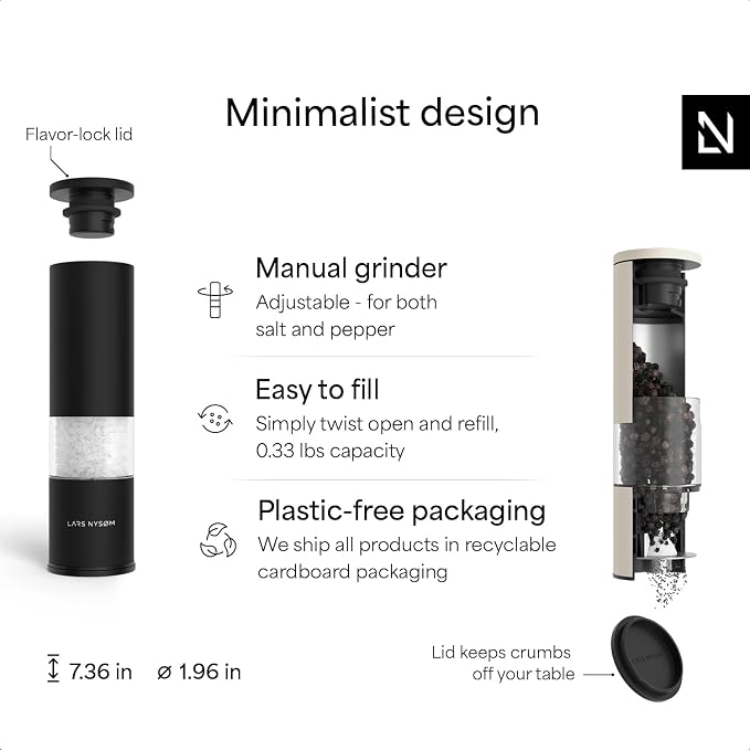 LARS NYSØM Salt and Pepper Grinder Set Manual, Stainless Steel Salt and Pepper Mills with Adjustable Ceramic Grinder I Design Spice Shakers (Black/Beige)