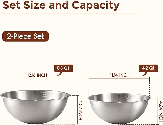 Gronivex 304 Stainless Steel Mixing Bowls, 2-Piece (4.2 & 5.3 Qt) | Food-Grade Metal, Dishwasher Safety, Space-Saving – Extra-Large for Bread Dough, Whole Chicken & Big-Batch Cooking