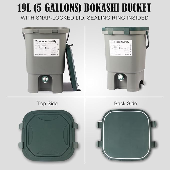 20L Bokashi Compost Bin, 5.28 Gallon Compost Bin for Kitchen Composter with Lid, Bokashi Start Kit with Bran (Tan & Dark Green) (18.8L/5 Gal Grey)