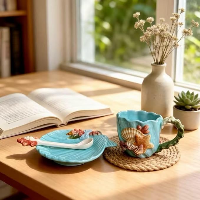 Coastal Seashell Starfish Ceramic Cup and Saucer Set - 3D Hand-Painted Ocean Themed Mug with Seashell-Shaped Saucer, Tableware for Coffee/Tea Lovers