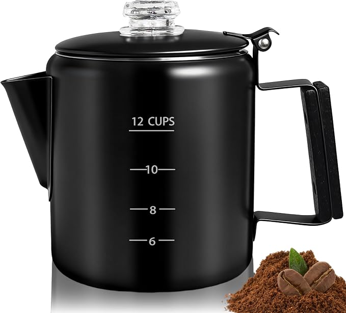 12 Cup Percolator 304 Stainless Steel Coffee Pot Coffee Maker Coffee Machine with Solid Wood Handle Transparent Knob Stovetop Greca Mocha for Induction Home and Camping 2200ml 74.4oz