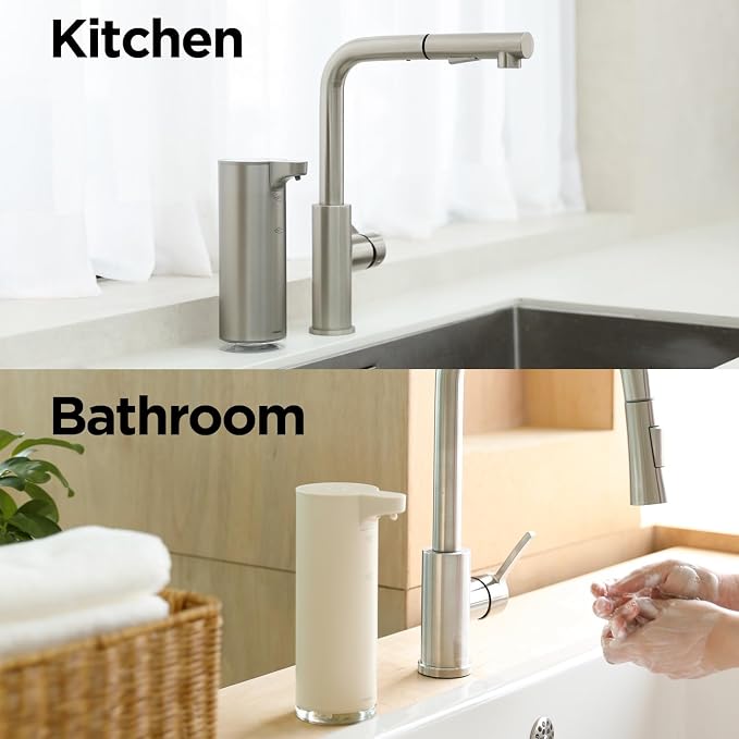 mooas Automatic Foaming Hand Soap Dispenser 2 Set (White & Metal) Stainless Steel Rechargeable 2 Level Adjustable Touchless Soap Dispensers for Kitchen, Bathroom, Commercial 9.4oz Each