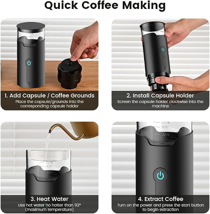 Portable Espresso Machine, Travel Coffee Maker with 2000mAh Battery USB-C Charging, 3-in-1 Electric Espresso Brewer for Ground Coffee & Capsule, for Camping Hiking Car Office
