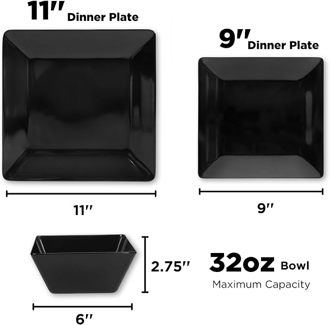 TP 12-Piece Melamine Dinnerware Sets, Plates and Bowls Dishes Set for 4, Break-Resistant & Non-Microwavable, Lightweight Square Dinner Plates, Black