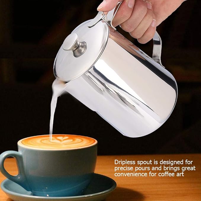 Frothing Pitcher, Steam Pitchers Milk Jug, Stainless Steel Coffee Cup Mug Milk Steaming Cup with Lid for Latte Coffee Art(2000ml)