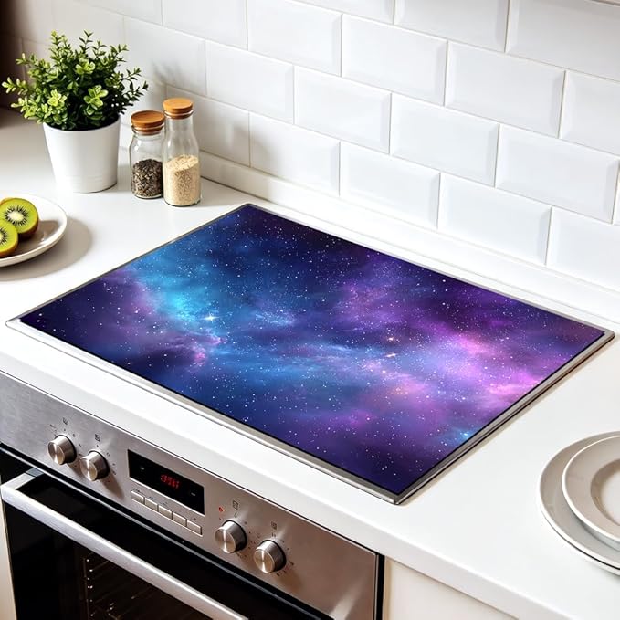 Stove Top Cover for Electric Stove 28.4 x 20.5 Inch Non Slip Stove Mat Oil Proof Purple Galaxy Glass Cooktop Protector Kitchen Counter Mat