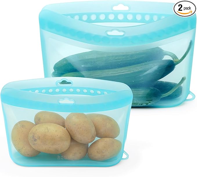 Haakaa Dot Seal Reusable Silicone Food Storage Bags, 2 Pack- Silicone Leakproof Freezer & Sandwich Snack Bags, BPA Free Food Containers, Microwave & Dishwasher Safe, Turquoise (500ml, 1000ml)