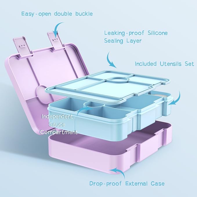 DIGOBAY Girls Backpack - Kids Bento Box Set with Insulated Lunch Bag, Cutlery and Pencil Case, 6 Leak-Proof Compartments, Removable Tray for Girls, Teens School Picnic (Blue-Purple)