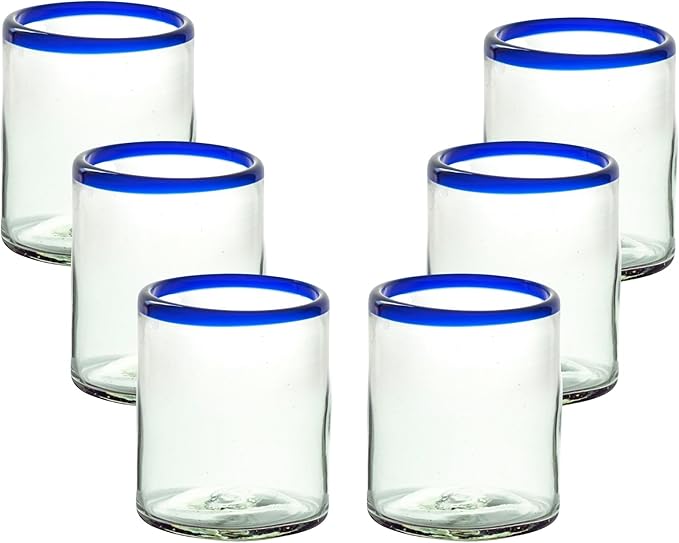 Cobalt Blue Rim Hand Blown Tumbler Glasses Set of 6 | 10 oz Mexican Glassware | Recycled Glass | Hand blown Mexican Drinking Glasses for Cocktails, Wine & Tequila