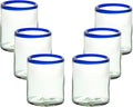 Cobalt Blue Rim Hand Blown Tumbler Glasses Set of 6 | 10 oz Mexican Glassware | Recycled Glass | Hand blown Mexican Drinking Glasses for Cocktails, Wine & Tequila