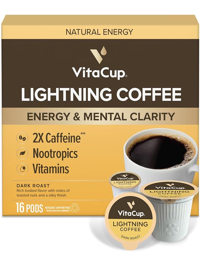 VitaCup Lightning Coffee Pods, for Memory & Focus w/ 2X Caffeine, Green Coffee Bean, B Vitamins, D3, Strong Dark Roast, Single Serve Pod Compatible with Keurig K-Cup Brewers, 16 Ct