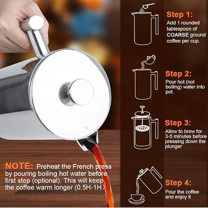 Secura French Press Coffee Maker, 304 Grade Stainless Steel Insulated Coffee Press with 2 Extra Screens, 50oz (1.5 Litre), Silver