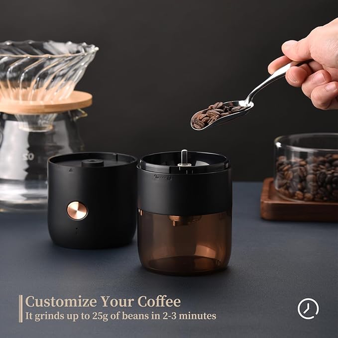 Portable Electric Burr Coffee Grinder by ELMWAY - Rechargeable Mini Coffee Grinder with Stainless Steel Burr & Internal Coarseness Adjustment, Compact for Travel & Home Use - Black