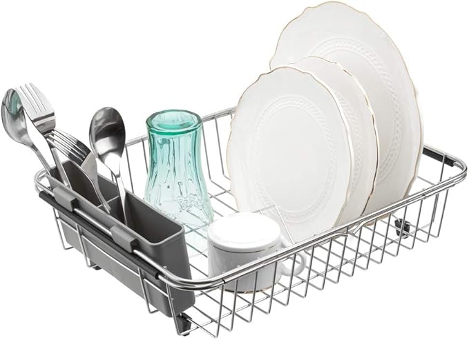 SANNO Expandable Pull Out Cabinet Organizer Kitchen Sliding Shelf Under Sink Shelf, Over The Sink Expandable Dish Drying Rack, Dish Drainer, Stainless Steel Dish Drainer Rack for Dishes Storage