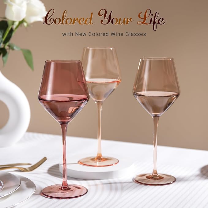 Colored Wine Glasses Set of 6-16OZ Colorful Wine Glass with Stem【HandBlown】 Muted Wine Glasses Colored Set,Wine Gifts for Mothers Day