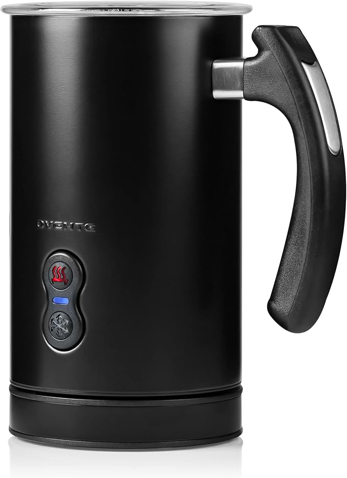 OVENTE Electric Milk Frother and Steamer, Automatic Hot and Cold Foam Maker for Coffee, Latte, Cappuccino or Macchiato, 500W Double-Wall Stainless Steel Milk Warmer with Auto Shutoff, Black FR3608B