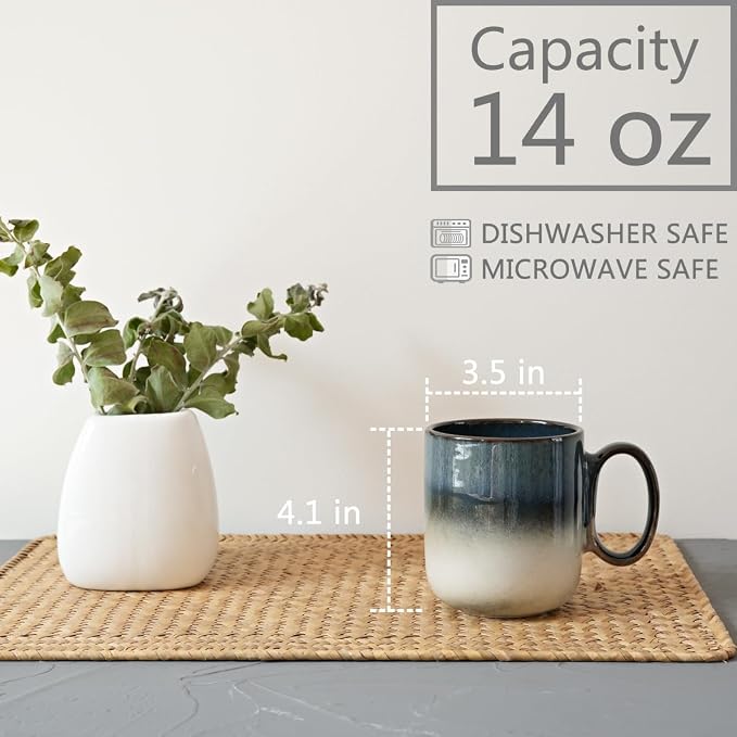 Bosmarlin Ceramic Coffee Mug Set of 4, 14 Oz, Coffee Cups with Big Handle, Microwave Safe, Unique Reactive Glaze (Deep Blue)