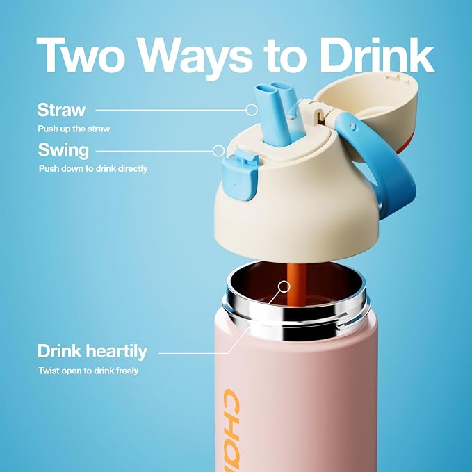 CHAKO LAB Insulated Stainless Steel Water Bottle, BPA-Free Sports Water Bottle,Spout and Straw,Leak Proof Locking Lid,Designed for Travel, School, and Sport,BPA Free,23 oz,Guava