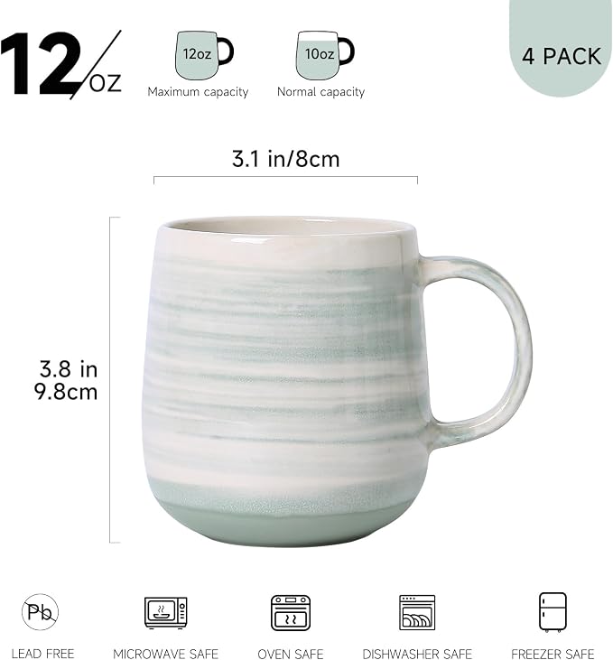 Coffee Mugs 4-Piece Set of Pastel green Ceramic Coffee Mugs with Glossy Finish, 12oz Modern Cups - Comfortable Handle, Dishwasher & Microwave Safe for Home, Office, Cafe