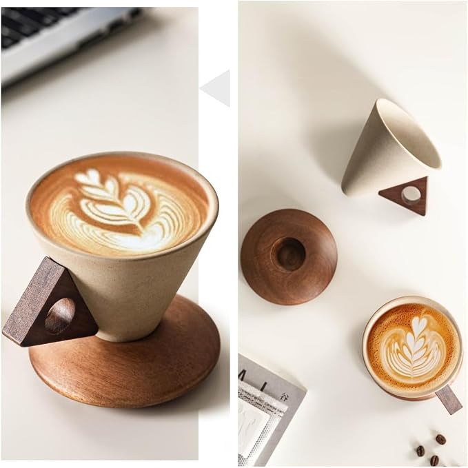 250ML- Retro ceramic coffee mug, Creative Cone coffee cup set for women elegant small- Solid wood handle and coaster - Suitable for home, restaurant, party and office use. (light brown handle)