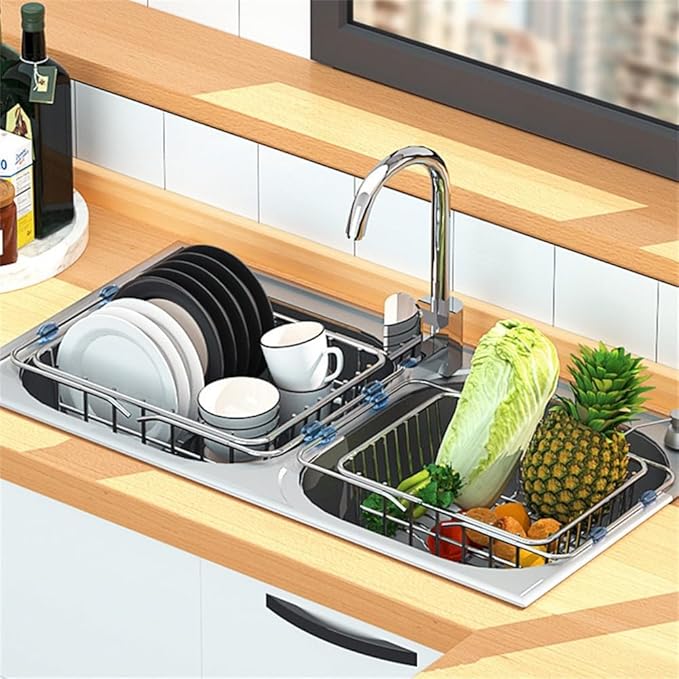 Adjustable Sink Dish Drying Rack Stainless Steel with Non-Slip Rubber Feet for Kitchen Storage Organization Space-Saving Over-the-Sink Drainer Holder for Vegetables Fruits(30x20x10cm)