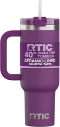 RTIC 40 oz Road Trip Tumbler Double-Walled Cermaic Lined Insulated Stainless Steel Portable Travel Coffee Mug Cup with Lid, Handle and Straw, Berry Jam