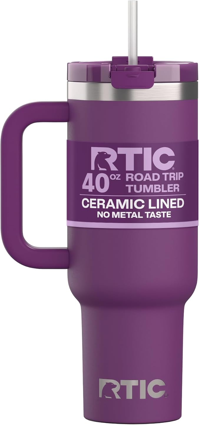 RTIC 40 oz Road Trip Tumbler Double-Walled Cermaic Lined Insulated Stainless Steel Portable Travel Coffee Mug Cup with Lid, Handle and Straw, Berry Jam