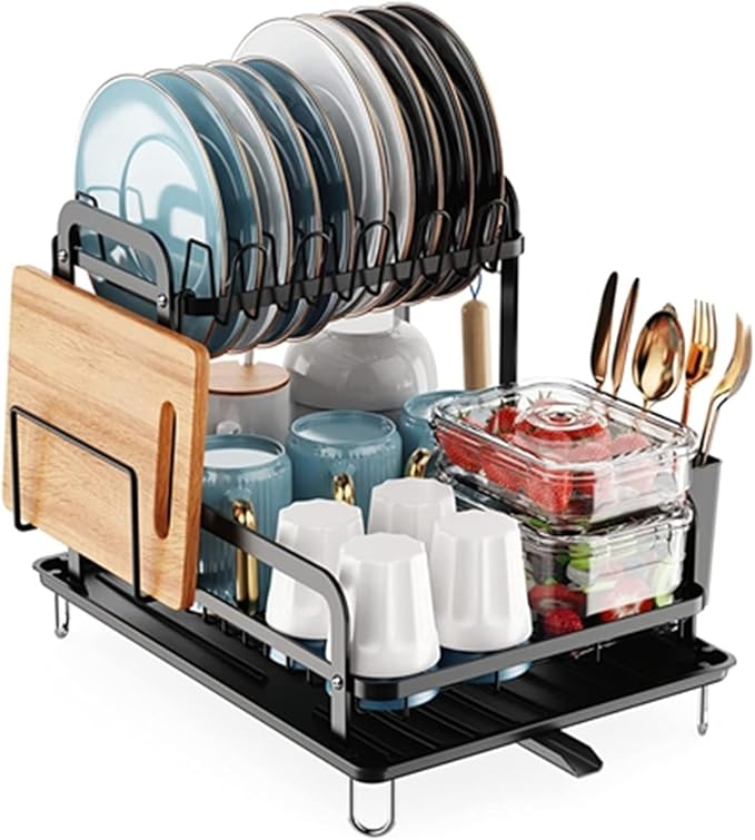 2-Tier Dish Drying Rack for Kitchen with Drainboard Detachable Kitchen Drainer Organizer Set, Metal Sink Organization and Storage Essentials with Utensil Holder Bowl Dish Rack