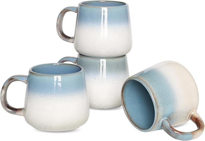 Bosmarlin Ceramic Coffee Mug Set of 4, 17 Oz, Coffee Cups with Big Handle, Microwave and Dishwasher Safe (Teal)