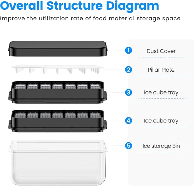 Ice Cube Tray with Lid and Bin, PHINOX 56 pcs Ice Trays for Freezer, Ice Cube Trays for Freezer with 2 trays, Container, Lid & Ice Scoop, BPA Free, Black
