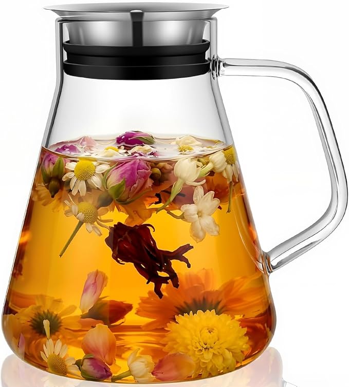 Aquach 51oz Glass Teapot with Filter Lid, Stovetop Safe Tea Pot | Dishwasher Safe, Borosilicate Glass, Integrated Filter Lid, 51oz Sharing Capacity, Stable Wide Base, Pure Plastic-free Taste