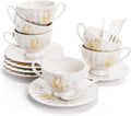 WRINGKIT Tea Cups and Saucers Set of 6, 7 Oz Floral Tea Cups, White Porcelain Tea Cup with Saucer, British Coffee Cups Sets for Women Teas Party, Cappuccino, Latte, Microwave Safe