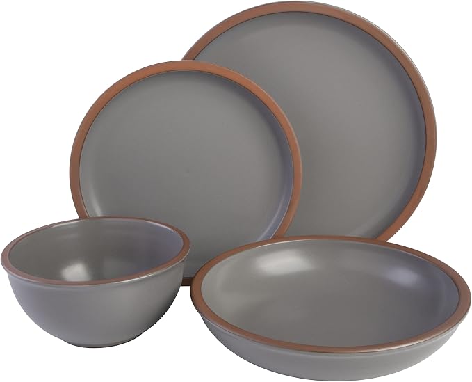 Gibson Elite Lagos Coupe Dinnerware Set, Service for 4 (16pcs), Grey, Grey (Double Bowl)